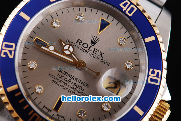Rolex Submariner Automatic Movement with Silver Gray Dial and Blue Bezel and ETA Case--two tone Strap-Diamond Marking - Click Image to Close